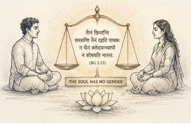 Illustration of a man and woman with a balance scale between them and the caption 'The Soul Has No Gender,' alongside a Bhagavad Gita Sanskrit verse on the soul's indestructibility