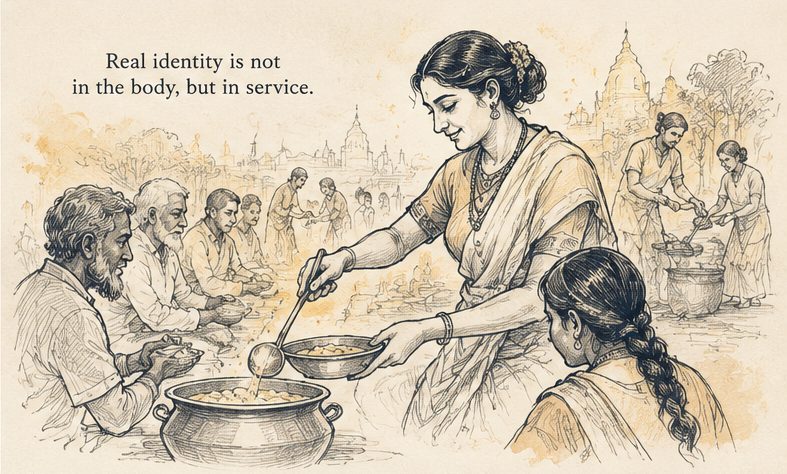 Illustration of a woman serving food to a group of people, captioned 'Real identity is not in the body, but in service'