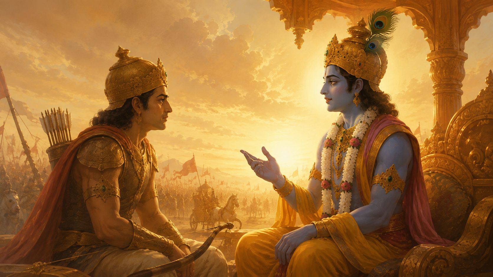 Illustration of Krishna and Arjuna in dialogue on the chariot at Kurukshetra, Krishna gesturing while speaking and Arjuna listening intently