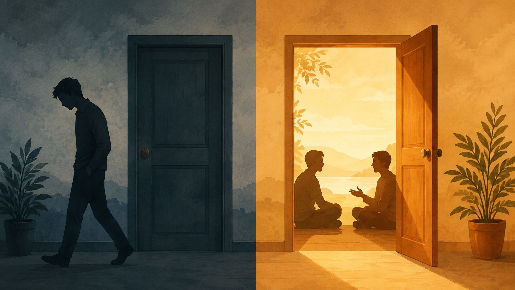 Split illustration contrasting a person walking away from a closed door in cold, dismissive light versus two people sitting and talking openly through a warm, open door
