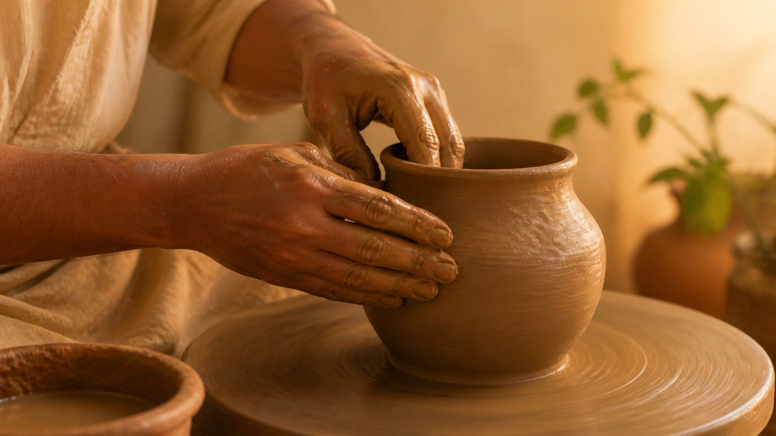A craftsman's hands shaping clay on a potter's wheel, the pot slightly imperfect but whole and well-formed, warm golden light