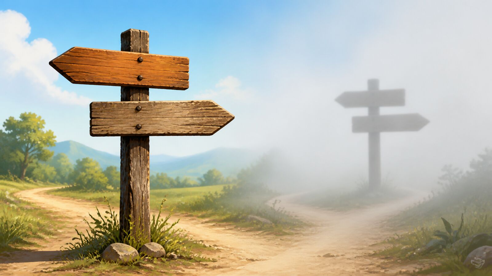 A weathered wooden signpost at a crossroads standing clear and sharply visible under bright daylight, contrasted with a second, blurred signpost fading into the distance
