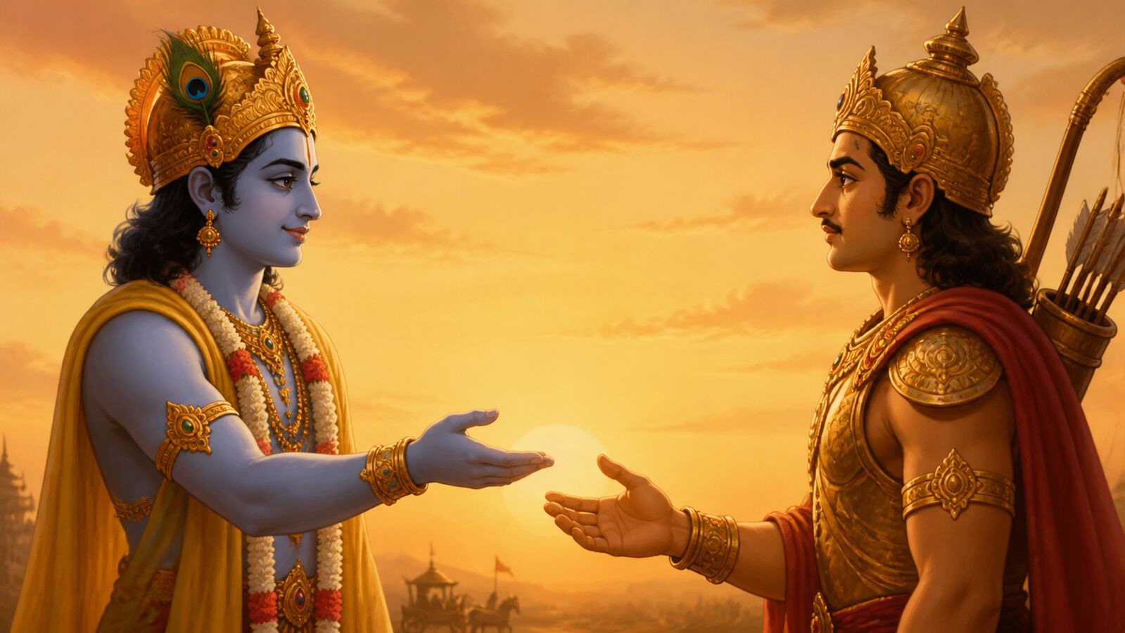 Krishna extending an open, welcoming palm toward Arjuna, who reaches back with his own hand, warm golden dusk tones, a gesture of mutual regard