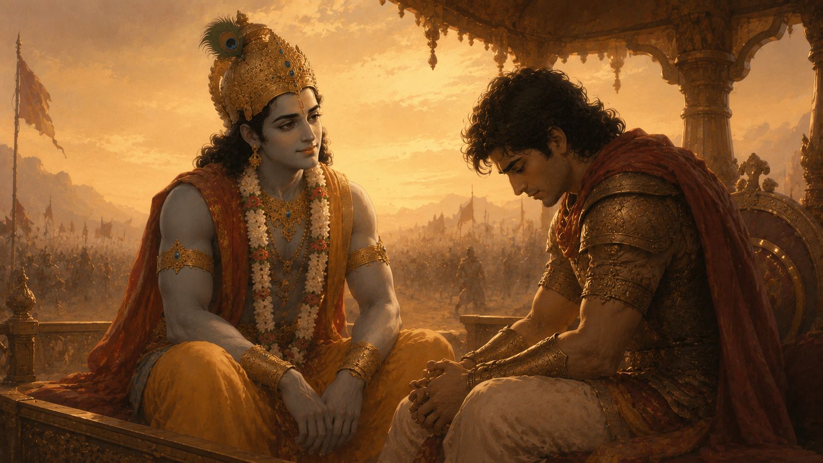 Illustration of Krishna listening attentively to Arjuna, who sits with head lowered in doubt on the chariot