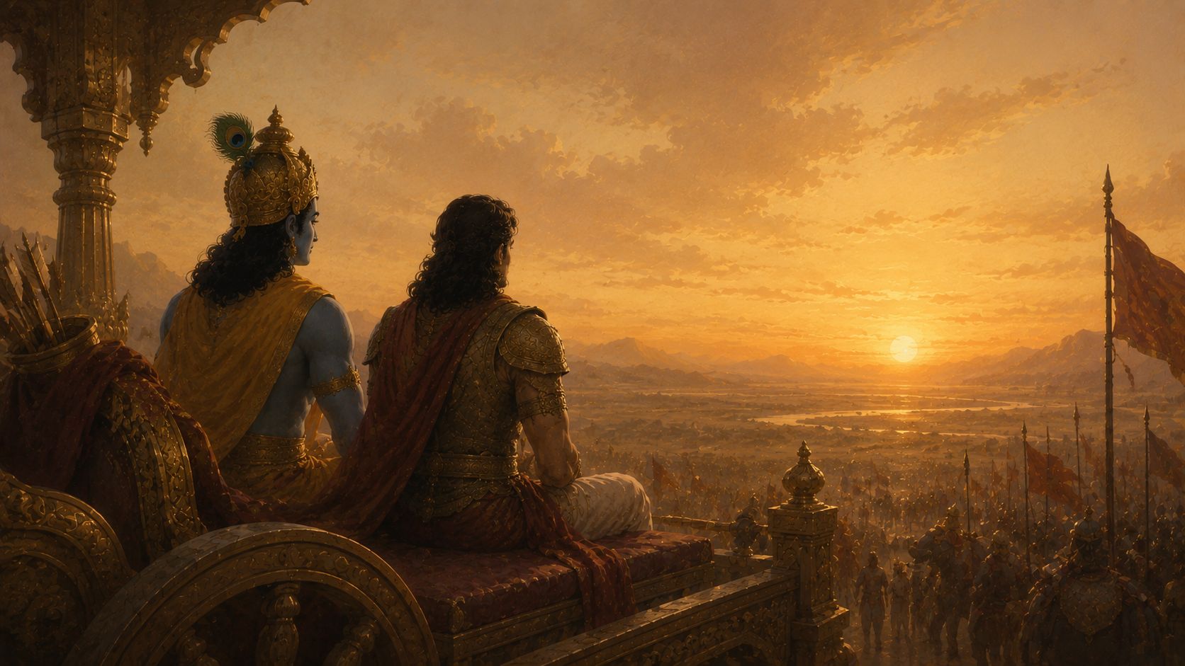 Illustration of Krishna sitting in calm silence across from Arjuna, both in quiet reflection, soft light between them