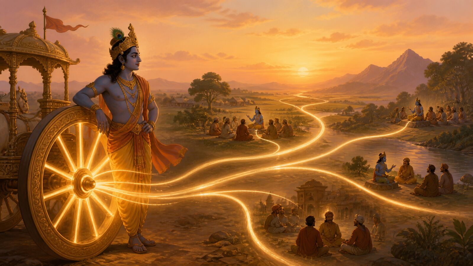 Krishna standing beside a chariot wheel, its spokes glowing softly and branching outward into several different paths across a landscape at dusk
