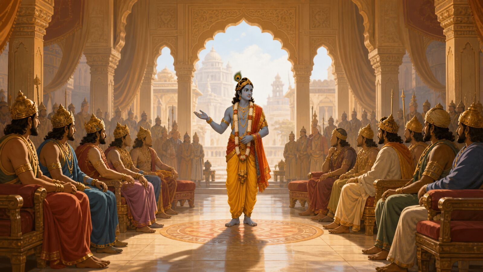 Krishna standing calmly as an envoy before a grand royal court, addressing two opposing groups of seated nobles, warm diffused light, a mood of measured diplomacy