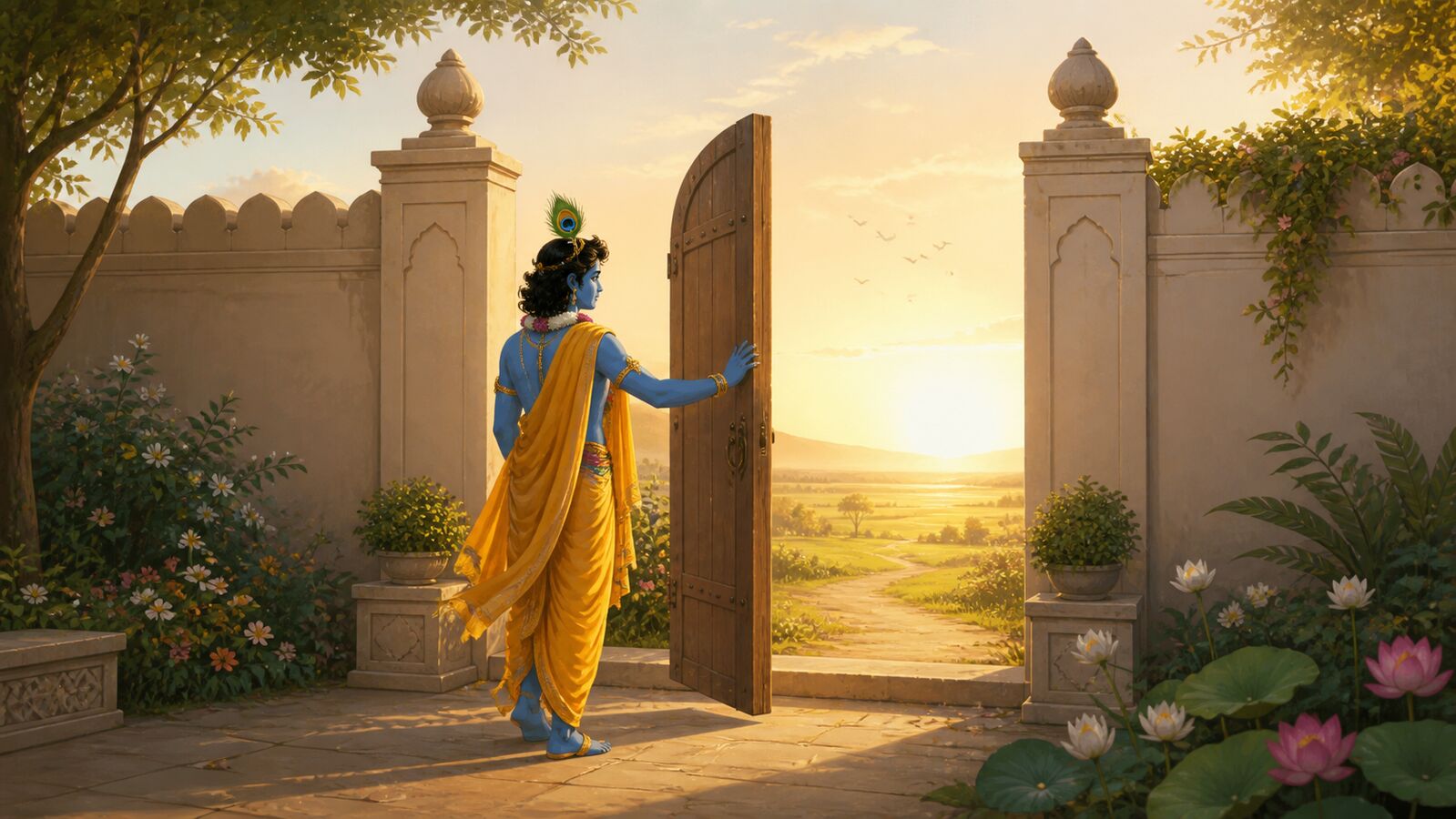 Krishna standing at the edge of a traditional walled garden, one hand gently pushing open a gate that leads out into a wide, luminous open horizon beyond the walls