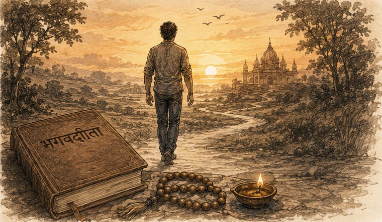 A young man walking a quiet path toward a temple at sunset, with the Bhagavad Gita, japa beads and a lit lamp resting in the foreground