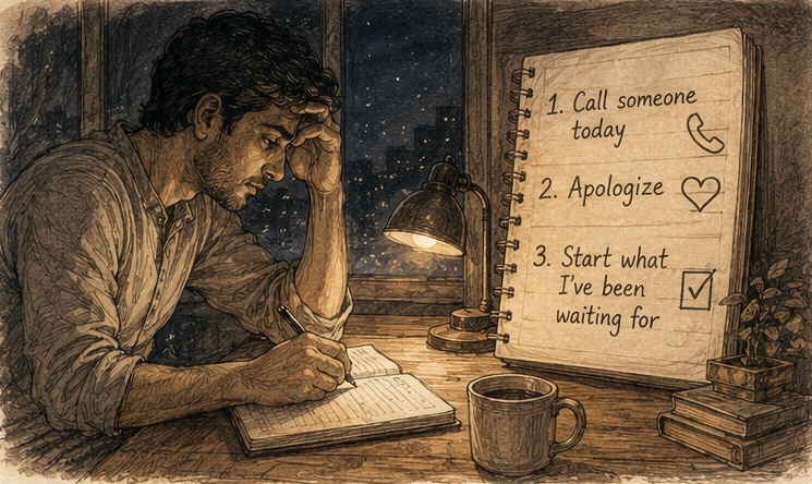 A man writing at night by lamplight beside a notepad reading: 1. Call someone today, 2. Apologize, 3. Start what I've been waiting for