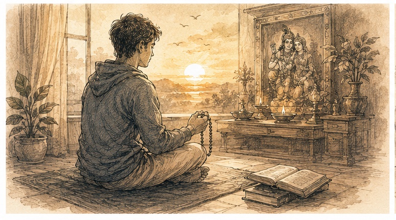 A young man sitting in quiet meditation with japa beads before a picture of Krishna and Balaram at sunset, an open Bhagavad Gita beside him
