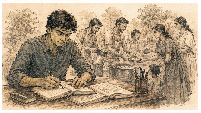 A young man journaling at a desk while a family serves food to others in the background, illustrating reflection paired with practical seva