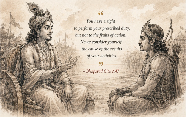 Illustration of Krishna and Arjuna on a chariot, with Bhagavad Gita 2.47 overlaid: 'You have a right to perform your prescribed duty, but not to the fruits of action'