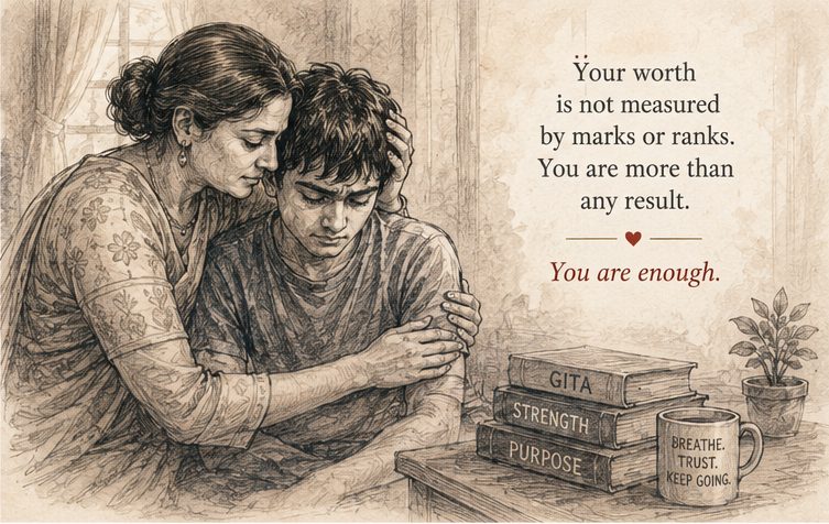 Illustration of a mother comforting her son at his study desk, with books labeled Gita, Strength and Purpose, and the caption 'Your worth is not measured by marks or ranks. You are more than any result. You are enough.'
