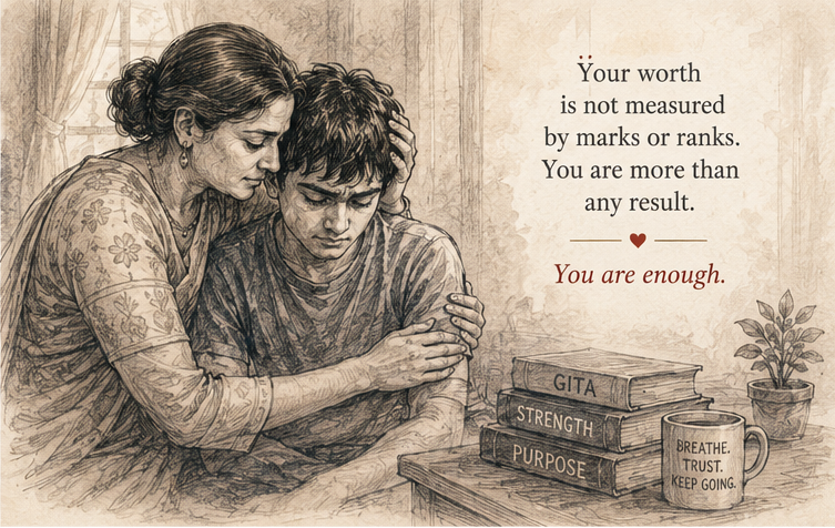 Illustration of a mother comforting her son at his study desk, with books labeled Gita, Strength and Purpose, and the caption 'Your worth is not measured by marks or ranks. You are more than any result. You are enough.'