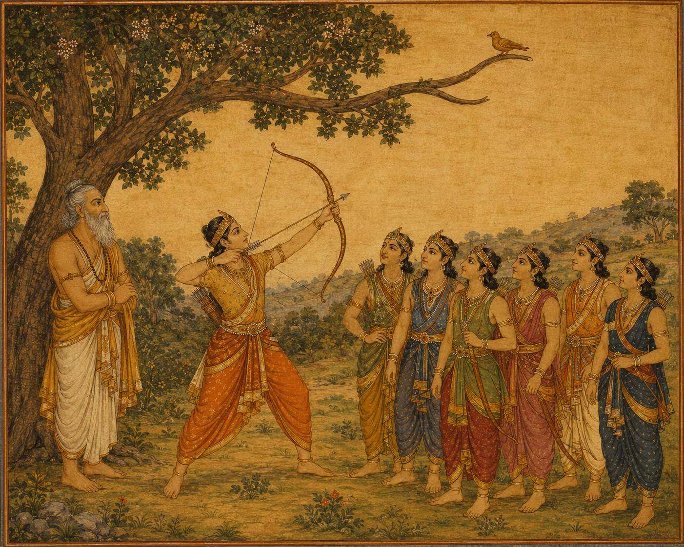 Classical Indian miniature painting of Guru Dronacharya and the Pandava and Kaurava princes beneath a tree, with Arjuna raising his bow toward a wooden bird