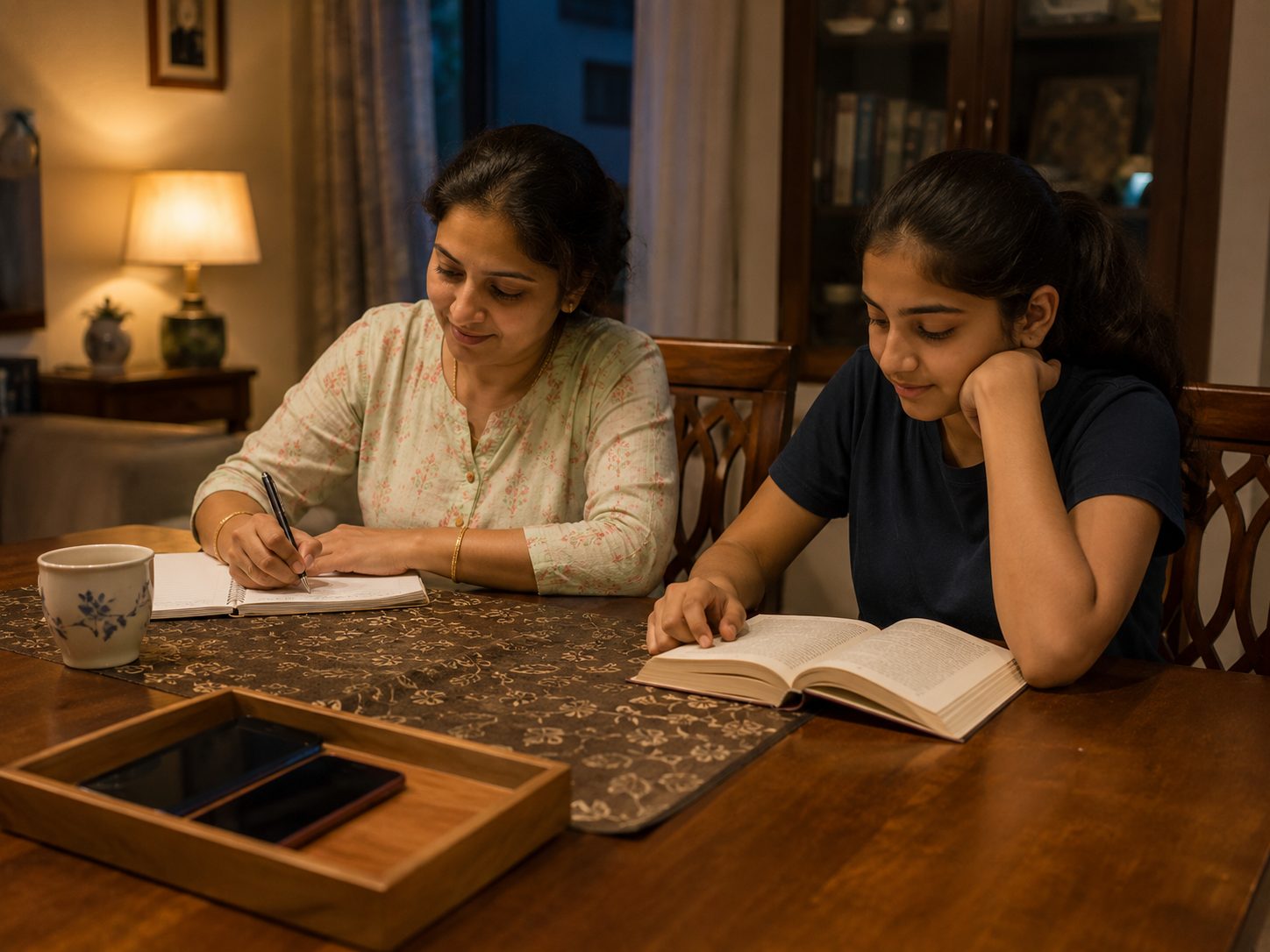 A parent and teenager sitting together at a table in the evening, phones set aside in a wooden tray, both reading and writing