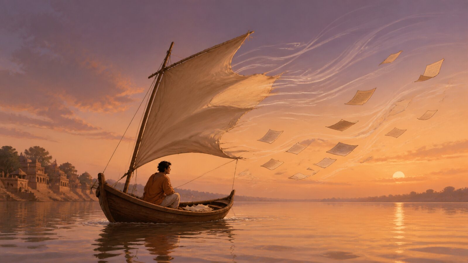 A small wooden boat on a river, its sail and loose papers being swept sideways by a strong gust of wind, dusk light