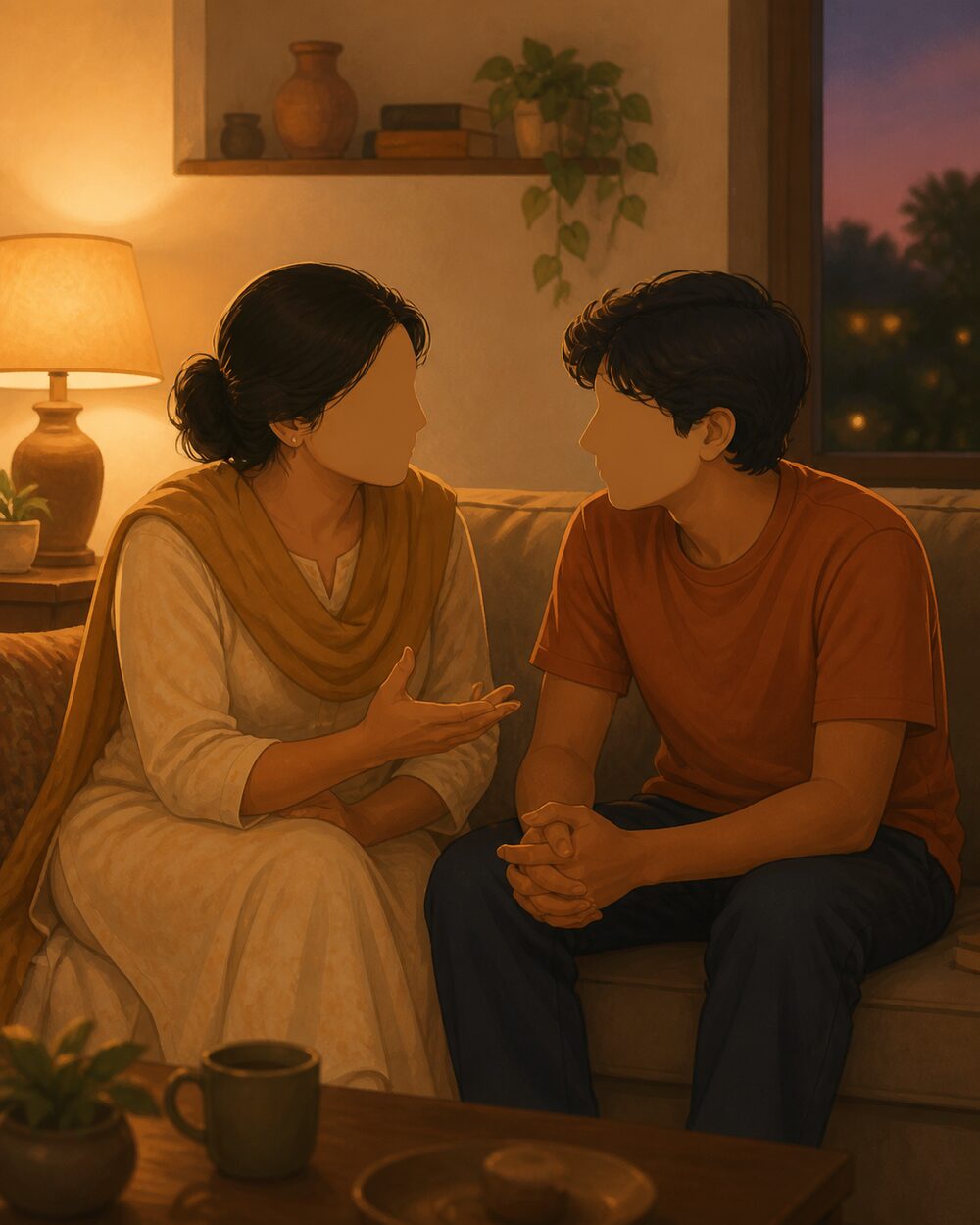 A parent and teenager sitting close together on a sofa in the evening, mid-conversation, warm lamp light
