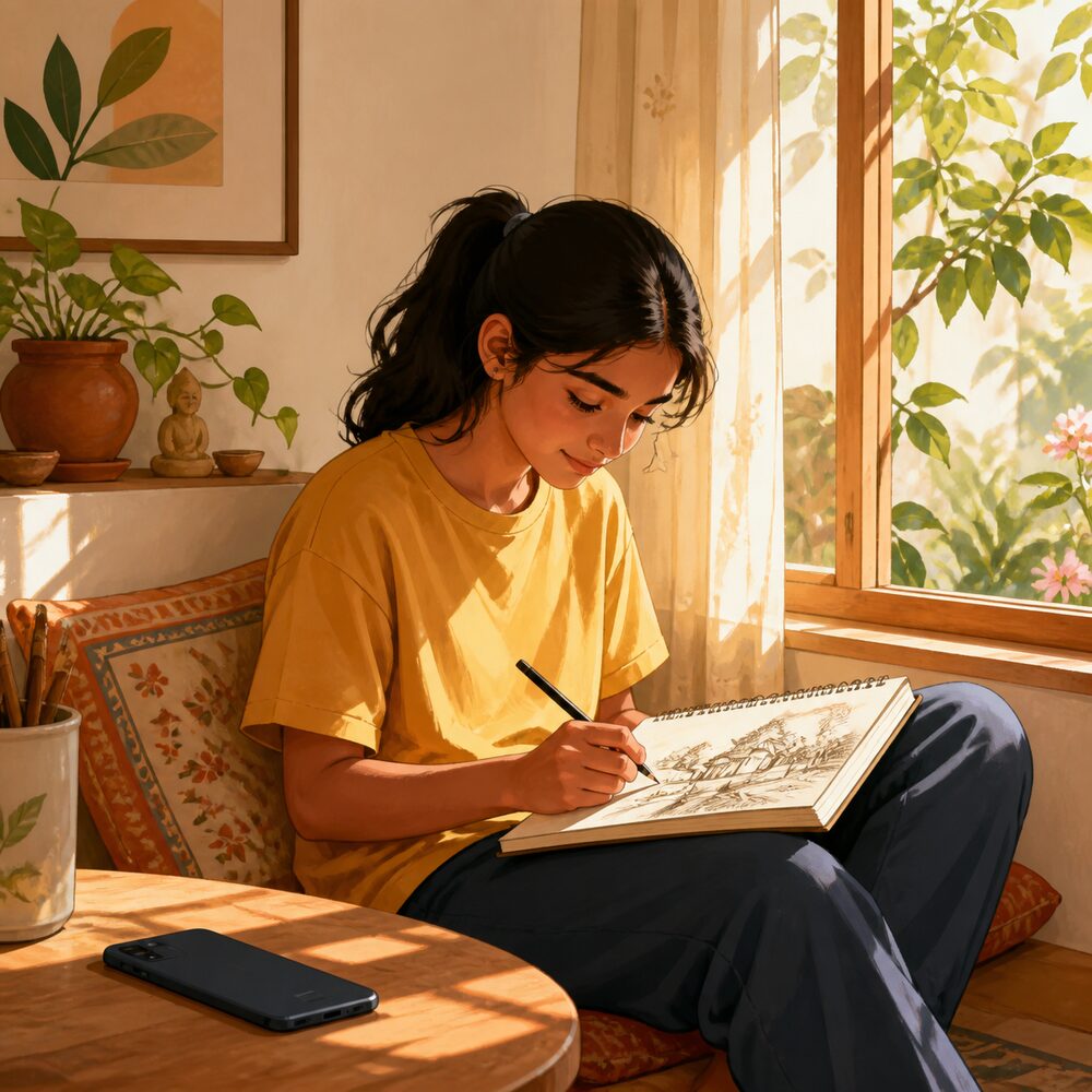 A teenager absorbed in an offline activity, playing acoustic guitar near a sunlit window, phone face-down and untouched on the table beside them
