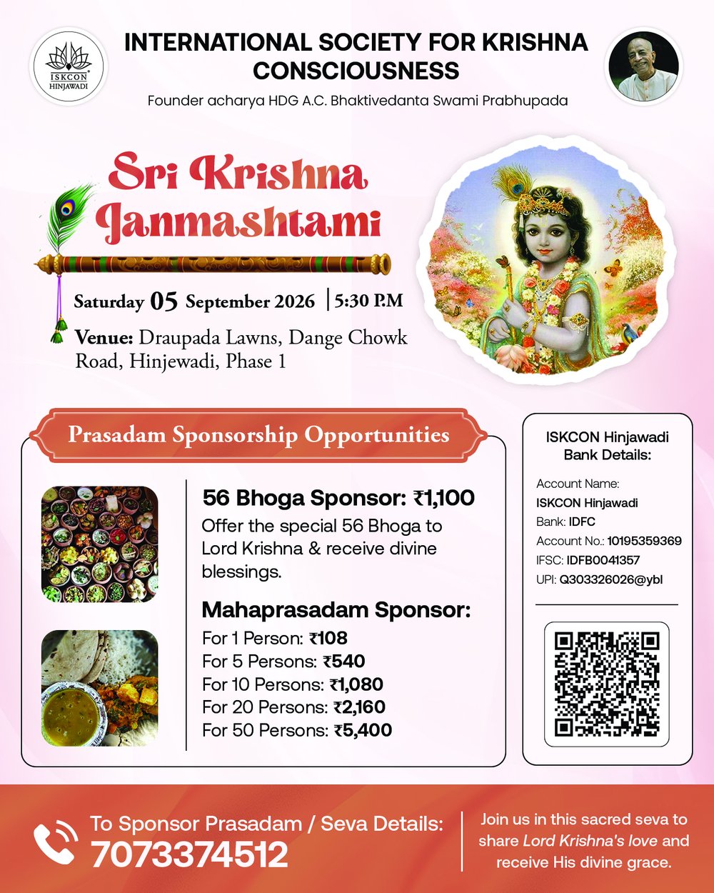 Prasadam Sponsorship Opportunities for Janmashtami 2026 at ISKCON Hinjawadi — 56 Bhoga and Mahaprasadam seva, with bank and UPI details for donations